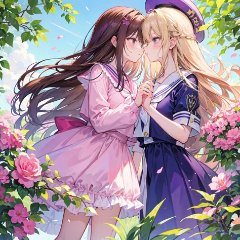 Two long hair JK,Kiss on bright background with garden fresh birdsong and flowers 。A woman with blond hair，The other is a woman with brown hair.。One has a pink sailor suit and one has purple blond hair. They have a purple sailor suit.，Brown hair is in a pi...