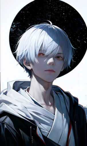 moon, highest quality, Learn more, mastery, 1 boy, kaneki ken, portrait, male focus, red eyes, alone, bangs, looking at the viewer, hood, short hair, rain, Tokyo Tokyo (city), hijab slut，nail polish，white hair，luxury，8K，detailed，ray tracing，Depth of bounds...