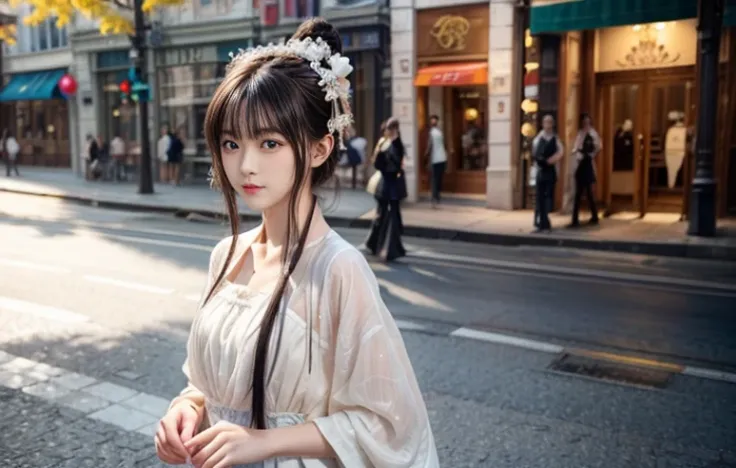 Beautiful girl on the street，Just one person，Youth image，The costumes are detailed and complete，slim body，Natural expressions，Soft light and shadow，The proportions of the characters are reasonable，Normal human eyes，Eyes are delicately drawn，Delicate facial...