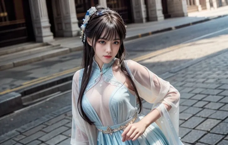 Beautiful girl on the street，Just one person，Youth image，The costumes are detailed and complete，slim body，Natural expressions，Soft light and shadow，The proportions of the characters are reasonable，Normal human eyes，Eyes are delicately drawn，Delicate facial...