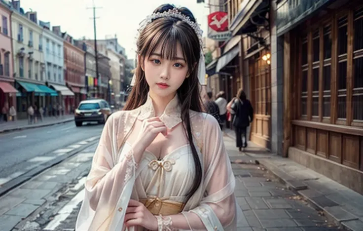 Beautiful girl on the street，Just one person，Youth image，The costumes are detailed and complete，slim body，Natural expressions，Soft light and shadow，The proportions of the characters are reasonable，Finger carvings are delicate，Holding items，Normal human eye...