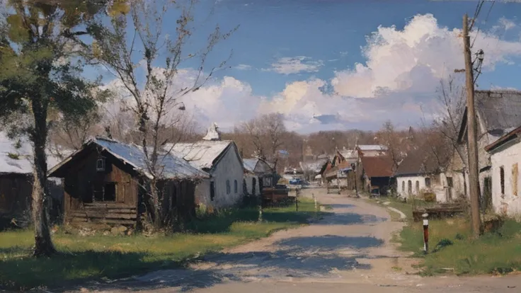 Russian village, impressionism oil painting, pallet knife stroke, clear day, sunshine, best quality, uhr, 8k