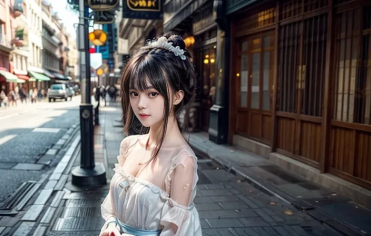 young girl on the street，Just one person，The costumes are detailed and complete，slim body，Natural expressions，Soft light and shadow，The proportions of the characters are reasonable，Normal human eyes，Eyes are delicately drawn，Delicate facial details，Detaile...