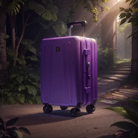 a white suitcase，Blends seamlessly into the background,There are branches next to it,Purple and blue background,Leaf tail,jungle environment,The sun shines through the gaps in the leaves,Dappled lights,The birds feathers are scattered on the ground,A brigh...