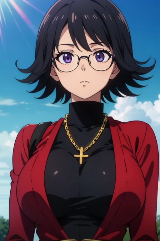 (masterpiece, high resolution, best quality, anime colored, anime screencap, 8k, photorealistic), Shizuku Murasaki, 1girl, cute, black hair, short hair, glasses, expressionless, huge breast, (long sleeve, tight black turtleneck), (upper body, looking at vi...