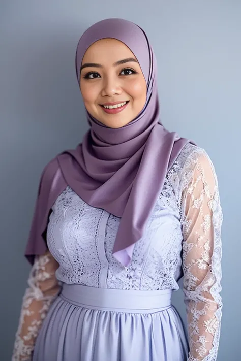 Matured Malay women in hijab wearing sexy satin lace lilac color bra and panties, portrait photography, 35 years old, mid shot photo, ultra detail, professional photograph with professional lighting, smile, light blue studio background, sexy seducing pose,...