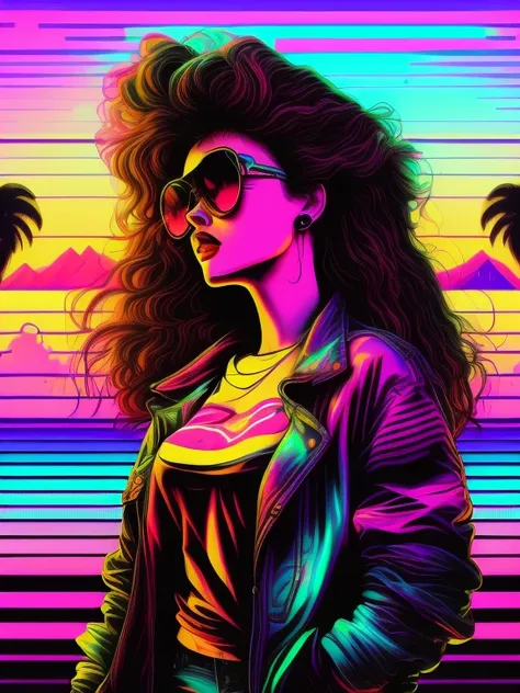 une fille 80s debout entière de plein pieds, devant le coucher du soleil, Style VaporWave, Style néon, lignes douces, Art autocollant vectoriel, noyau vectoriel, détails complexes, 8K