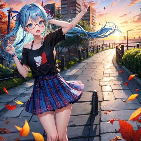 blue hair、Red-blonde、blue eyes、Braid、one good looking girl、solo、anime、Plaid miniskirt、camisole、black t-shirt、Tilting your face、Doing the ribbon、Ribbon at waist、sunset sky、stone stairs、petal、tunnel、Fallen leaves、wearing glasses、waterfall、paper airplane、Push...