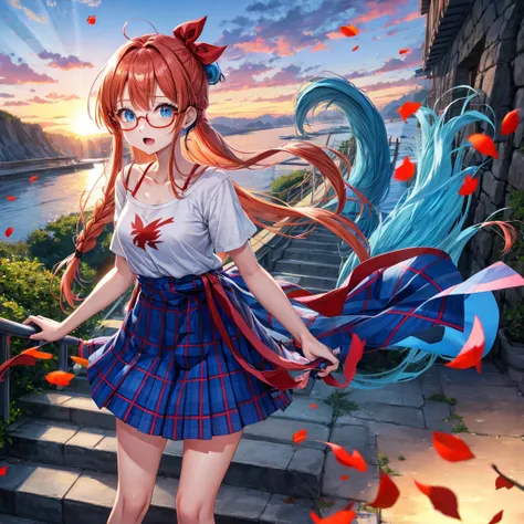 blue hair、Red-blonde、blue eyes、Braid、one good looking girl、solo、anime、Plaid miniskirt、camisole、black t-shirt、Tilting your face、Doing the ribbon、Ribbon at waist、sunset sky、stone stairs、petal、tunnel、Fallen leaves、wearing glasses、waterfall、paper airplane、Push...