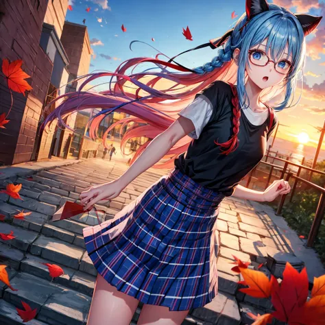 blue hair、Red-blonde、blue eyes、Braid、one good looking girl、solo、anime、Plaid miniskirt、camisole、black t-shirt、Tilting your face、Doing the ribbon、Ribbon at waist、sunset sky、stone stairs、petal、tunnel、Fallen leaves、wearing glasses、waterfall、paper airplane、Push...