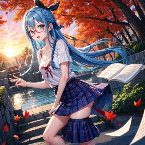 blue hair、Red-blonde、blue eyes、Braid、one good looking girl、solo、anime、Plaid miniskirt、camisole、black t-shirt、Tilting your face、Doing the ribbon、Ribbon at waist、sunset sky、stone stairs、petal、tunnel、Fallen leaves、wearing glasses、waterfall、paper airplane、Push...