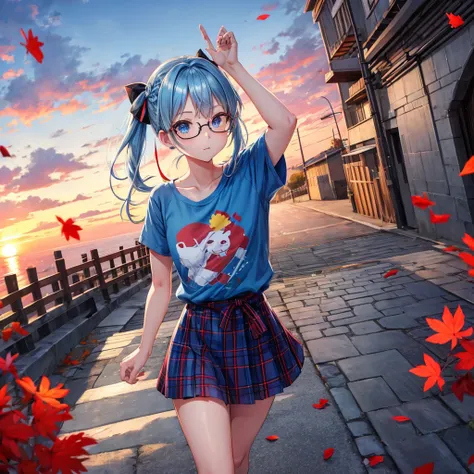 blue hair、Red-blonde、blue eyes、Braid、one good looking girl、solo、anime、Plaid miniskirt、camisole、black t-shirt、Tilting your face、Doing the ribbon、Ribbon at waist、sunset sky、stone stairs、petal、tunnel、Fallen leaves、wearing glasses、waterfall、paper airplane、Push...