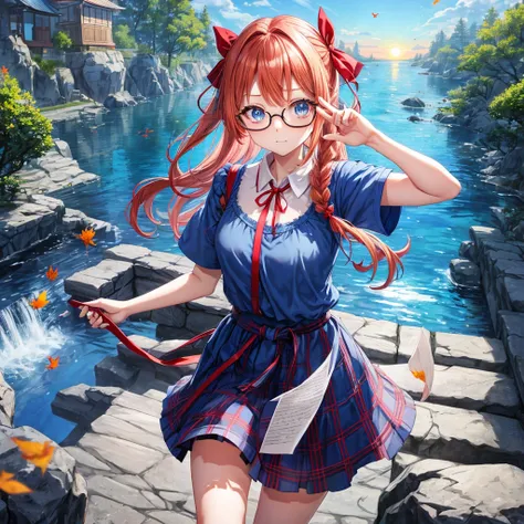 blue hair、Red-blonde、blue eyes、Braid、one good looking girl、solo、anime、Plaid miniskirt、camisole、black t-shirt、Tilting your face、Doing the ribbon、Ribbon at waist、sunset sky、stone stairs、petal、tunnel、Fallen leaves、wearing glasses、waterfall、paper airplane、Push...