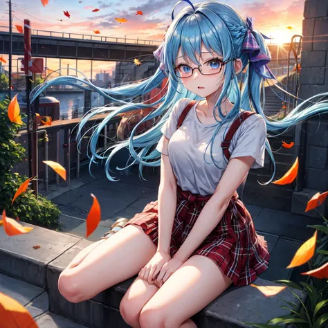 blue hair、Red-blonde、blue eyes、Braid、one good looking girl、solo、anime、Plaid miniskirt、camisole、black t-shirt、Tilting your face、Doing the ribbon、Ribbon at waist、sunset sky、stone stairs、petal、tunnel、Fallen leaves、wearing glasses、waterfall、paper airplane、Tryi...