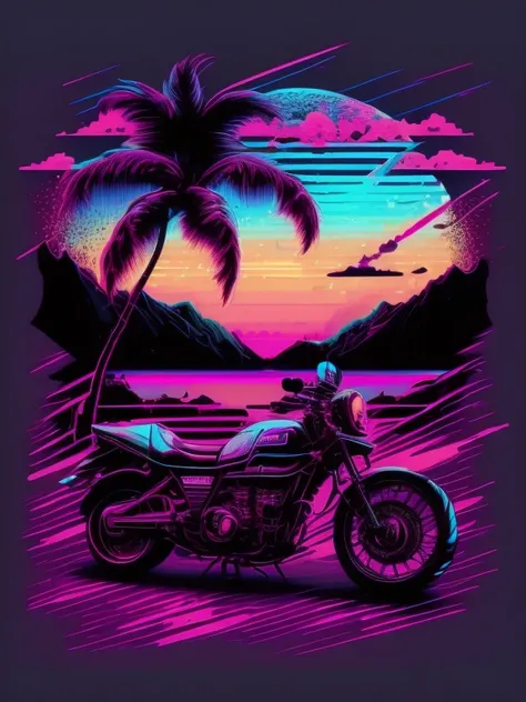 Une moto devant le coucher du soleil, Style VaporWave, Style néon, lignes douces, Art autocollant vectoriel, noyau vectoriel, détails complexes, Conception de t-shirt noir, 8K