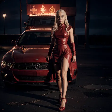 Daenerys Targaryen standing next to a car, wearing red leather dress, heels, full body, night lights, no people in background.