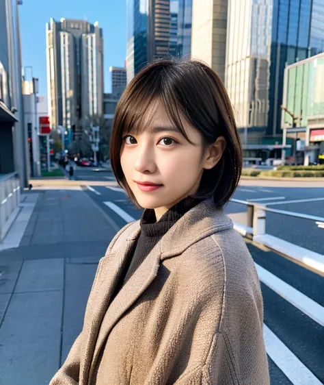 （master piece、8k、Raw photo、Reality）Japan Solo Women、short bob、Realistic cityscape with background、Clothing specified winter coordination、realistic skin feel、detailed face