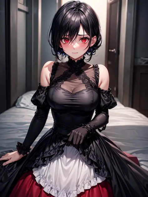 Gothics, happy blushing, black hair, dress like Demetrius wear in resident evil without hat, red eyes