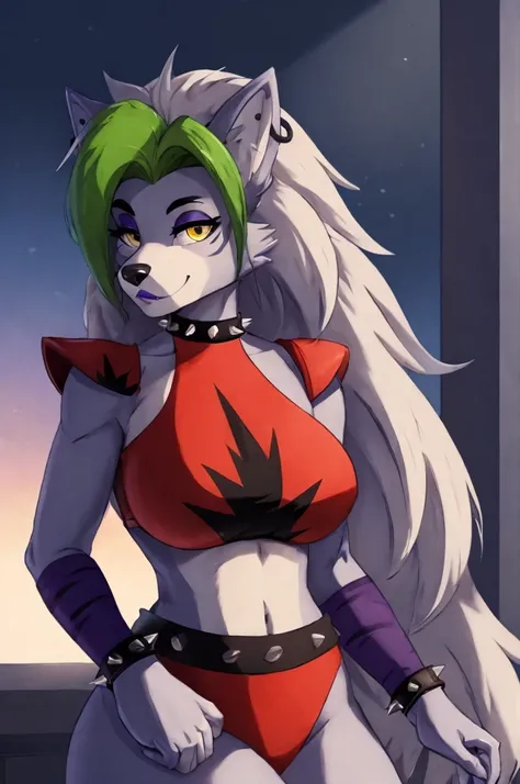 fnafroxanne, furry female, body fur, makeup, wolf ears, wolf tail, crop top, big breasts, purple lipstick, collar, spikes, jewelry, ear piercing, bracelet, yellow eyes, detailed eyes, 3DMM, gray hair, green hair, make sure to look for a roxanne model