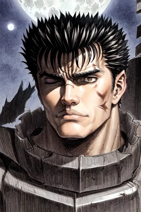 portrait of guts \(berserk\), 1boy, black hair, ((depressed)), sad,  expressionless face, lifeless,  looking away, male focus, o...