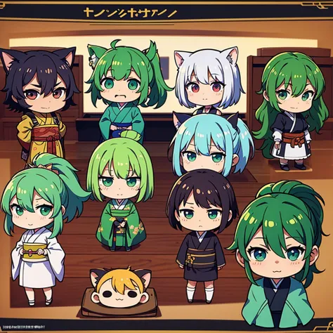 roleplaying game (character reference sheet)) masterpiece,best quality,high quality,8K,((chibi:1.4)) solo
young-man muscular ((green-wavy-ponytail-hair)) cat-ears round-glasses kimono pants apron steam-punk-style smile sweets-shop mochi dango dish