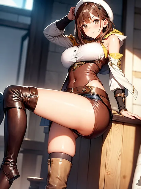 ((blush:1.2)), 1 girl, riser, atelier, Alchemist, beret, shorts, over the knee boots, cowboy shot, huge breasts, front, close the legs, Put your hands behind your head, Curvaceous,