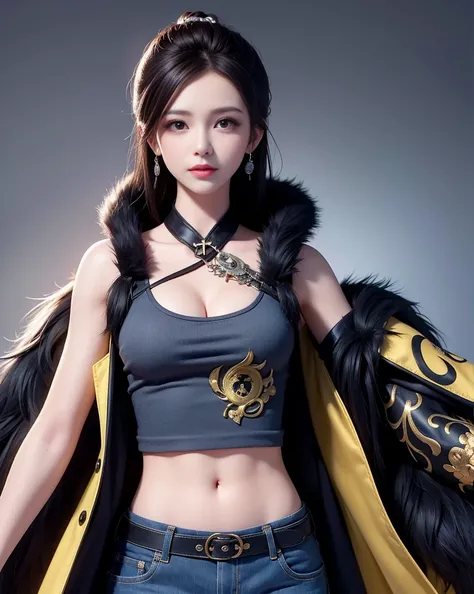 masterpiece, highest quality, 8K,first-class, disorganized, very detailed, female trafalgar law, 1 girl, 1 sword, alone, looking at the viewer, short hair, medium breasts, have, belly button, cleavage, clavicle, earrings, abdomen, pants, coat, fur trim, de...