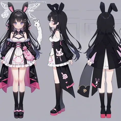 reference sheet,character sheet,standing picture、full body esbian、black hair、fluttering hair、smile,masterpiece、best image qualit...