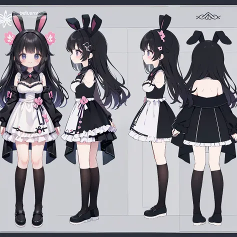 reference sheet,character sheet,standing picture、full body esbian、black hair、fluttering hair、smile,masterpiece、best image qualit...