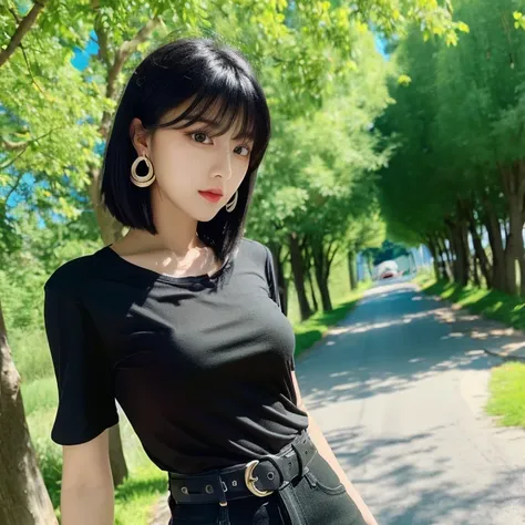 black t-shirt,black pants,belt,stylish,beautiful girl,aggressive,black hair,Wolfhair,bangs,white skin,eyelash,Seductive eyes,earrings,long field road,Fresh Green Tree,Big blue sky,dynamic lighting,