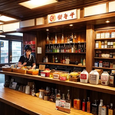 A bottle of soy sauce and a bottle of chili oil are placed at the counter of a ramen shop.。