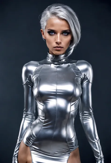 Arafed statue of a woman wearing a silver dress and silver tie, futuristic look, fashionable futuristic woman, futuristic style, サイボーグ - silver haired girl, cyborg fashion model, futuristic fashion, wearing futuristic, futuristic and fantastic, metallic sh...