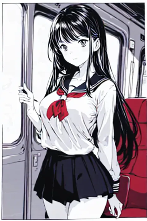 A beautiful woman with long, shoulder-length hair, big breasts, and beautiful legs is standing on a bus in a sailor uniform.。