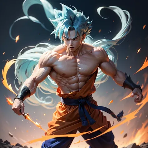 Masterpiece quality illustration of Goku, the iconic character from the USA, showcasing his powerful stance and vibrant energy. The artistic photograph captures the real light and shadow, enhancing the dynamic nature of Gokus movements. Set against the bac...