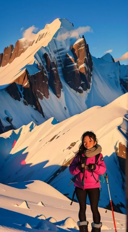 tourist, landscape, Snow Mountains, Vinicunca,small cabin,Snow Mountains de toute les couleurs, Snow Mountains arc en ciel, Beautiful girl, UHD Portrait, (high quality) (ultra detail) Observation of viewers wearing winter hiking clothes; another, colourful...