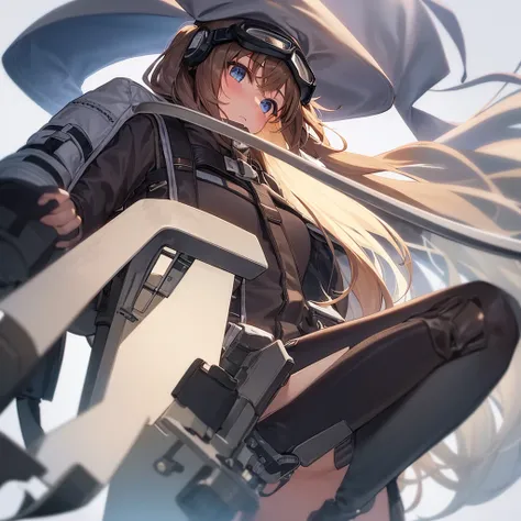 1girl,solo,long hair,looking at viewer,blush,bangs,blue eyes,brown hair,thighhighs,gloves,long sleeves,hat,white background,jacket,full body,weapon,boots,shorts,black thighhighs,gun,goggles,ground vehicle,motor vehicle,smoke,motorcycle,goggles on headwear,