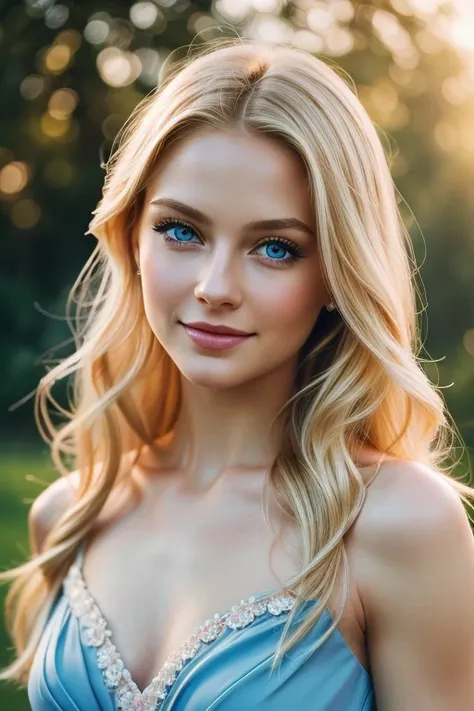 best quality,ultra-detailed,realistic:1.37,portrait,woman,blond hair,long hair,blue eyes,detailed eyes,detailed lips,blue dress,pink roses,beautiful,graceful,serene,standing,smiling,delicate,soft,harmony,romantic,soft lighting,vivid colors