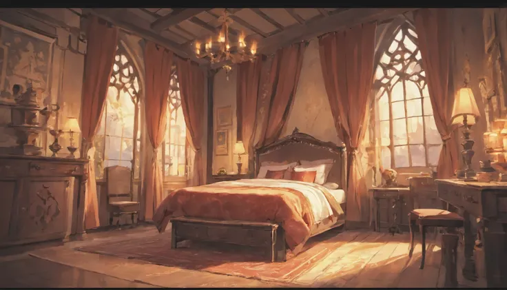 Super luxurious medieval inn room、The bed is luxuriously decorated and has a tent similar to that used by kings.、