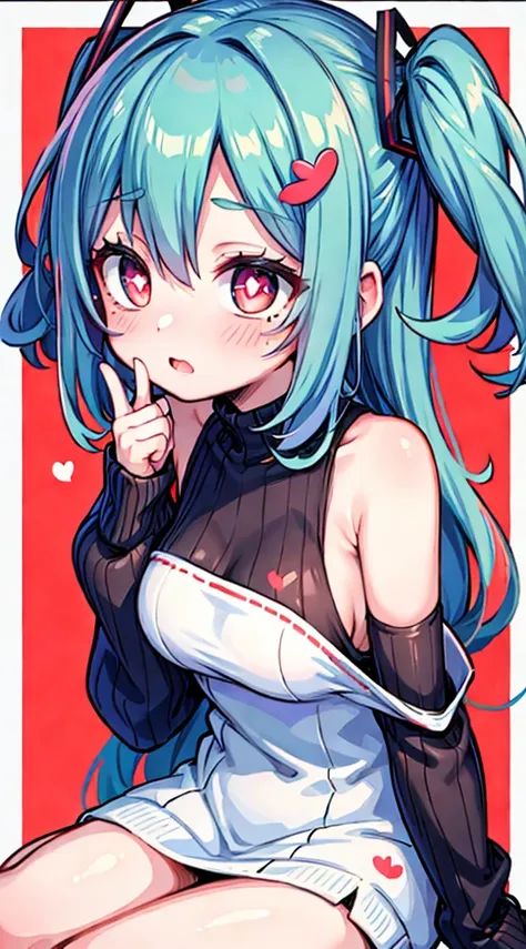 Miku Nakano，（A white border around a red rectangular background：2.5)，whitesweater，Sitting down， D-cups，ahegao face，Back view，High detail,Moles under eyes, Heart-shaped pupils，Love pupils，cropped shoulders，Lots of hearts，Fleshy thighs,highly rendered，detail...