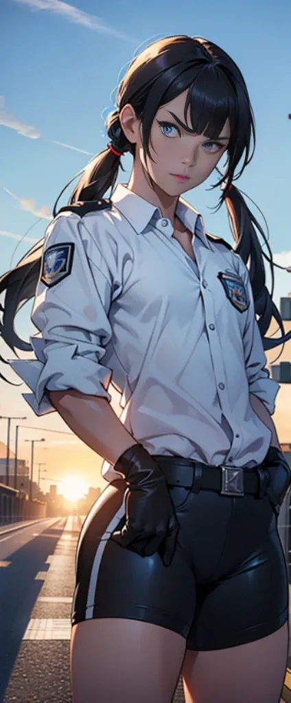 Masterpiece in high resolution (4k, 8K, best quality): A man with blue eyes and black hair styled in twintails wears a white shirt and a badge on the chest. He leans forward, his hand on his hip, and points at the viewer with a frown. Black gloves complete...