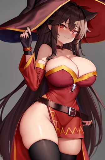 megumin, kono subarashii sekai ni shukufuku wo!, 1girl, solo, standing, looking at viewer, An exceptionally stunning supermodel standing at 180cm tall,showcasing incredibly ultra long gorgeous legs, hat, witch hat, brown hair, short hair with long locks, r...