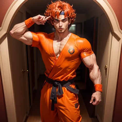 Portugal Goku is a charismatic and powerful Portuguese man in his late 20s. He has short, curly brown hair and intense, focused eyes. Dressed in his iconic red and orange Gi, Portugal Goku stands confidently before a mirror, adjusting his iconic orange hea...