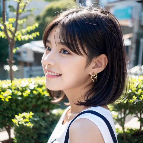 girl,beautiful girl,whole body,walking,Blue-black hair,Shiny hair,bob hair,bangs,smile,baby face,Futae eyelid,tear bag,long eyelashes,light brown eyes,big enchanting eyes,eye highlights,dark eye makeup,deep red lip,cheek pop,white skin,plump cheeks,nail ar...