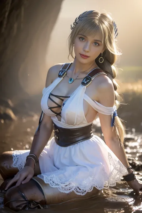 Dirty Sophitia,dirty sophitia,upper body up,close up of face,Sophitia with a pained expression on her face,Sophitia frowns.,surreal写真, 泥にdirty sophitia, open your mouth, bright red lipstick, Mud flows thickly over my body, high heels covered in mud, choker...