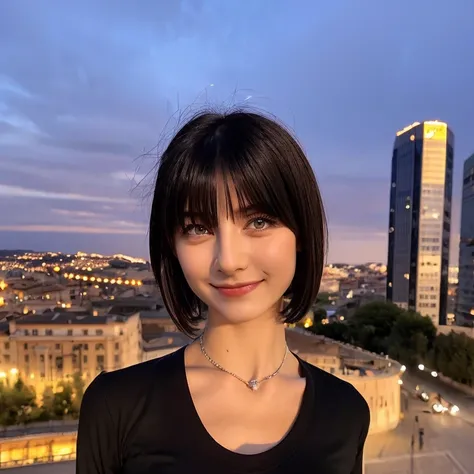 black t-shirt,Black skinny pants,belt,stylish,posing,beautiful girl,delicate,aggressive,eye make up,smile,black hair,bangs,white skin,long eyelashes,Seductive eyes,Cities of Italy,big sky,sunset,The wind is blowing,dynamic lighting,dynamic angle,perfect de...