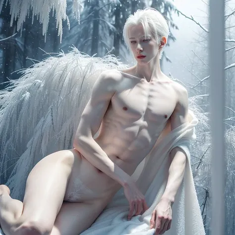 (1 boy, albino tall slender androgynous male Snow Queen, pristine, precious, fragile beauty, hoarfrost, translucent, thin neck, flat chest, soft belly, curvy hips, his penis and testicles are made of ice, thus very fragile and vulnerable to heat, he is imm...