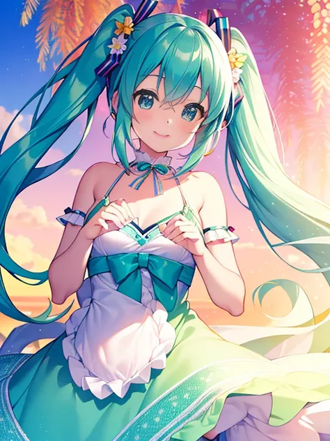 Miku hatsune,cielo,Cumpleaños (best quality,4k,8k,highres,masterpiece:1.2),ultra-detailed,(realistic,photorealistic,photo-realistic:1.37),portraits,anime,sunset-lighting,colourful,beautiful detailed eyes,beautiful detailed lips,vibrant hair,colored balloon...