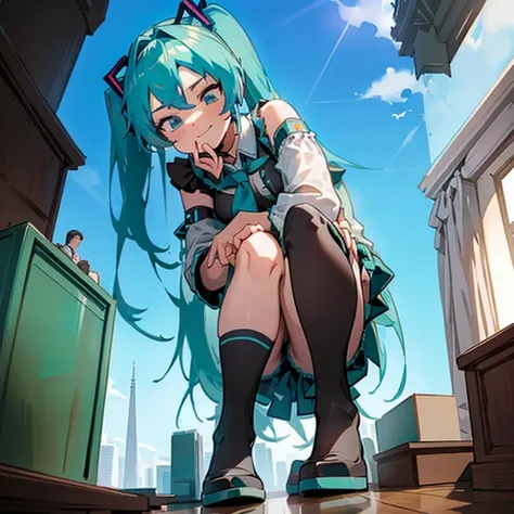 Masterpiece, Hatsune Miku, giantess, looming over tiny guy, indoors, glaring, smirk, intimidating, dominant, femdom, looking down on tiny guy, about to sit on tiny guy, perspective of the tiny guy