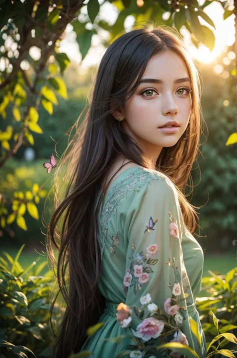 a girl in a garden,beautiful detailed eyes,beautiful detailed lips,extremely detailed eyes and face,longeyelashes,portrait,ultra-detailed,sunset lighting,vivid colors,green grass,flowers blooming,butterflies flying around,soft sunlight filtering through tr...