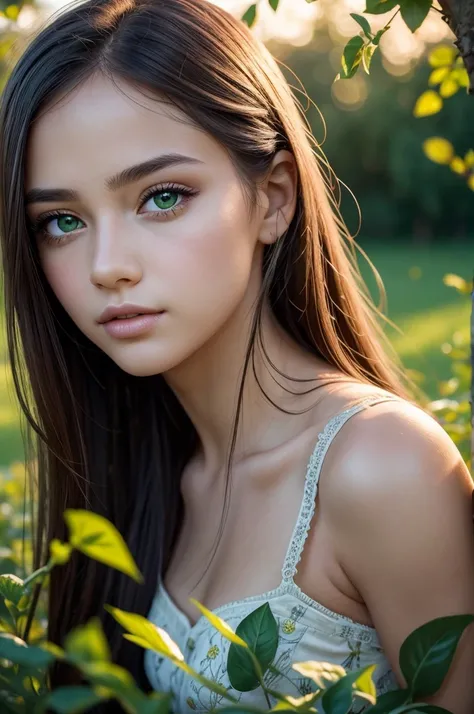 a girl in a garden,beautiful detailed eyes,beautiful detailed lips,extremely detailed eyes and face,longeyelashes,portrait,ultra-detailed,sunset lighting,vivid colors,green grass,flowers blooming,butterflies flying around,soft sunlight filtering through tr...